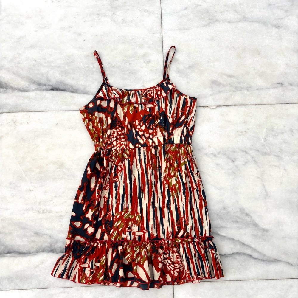 Y2K Queen Esther Dress Colorful Geometric Ruffle Mini Womens L Boho Festival USA